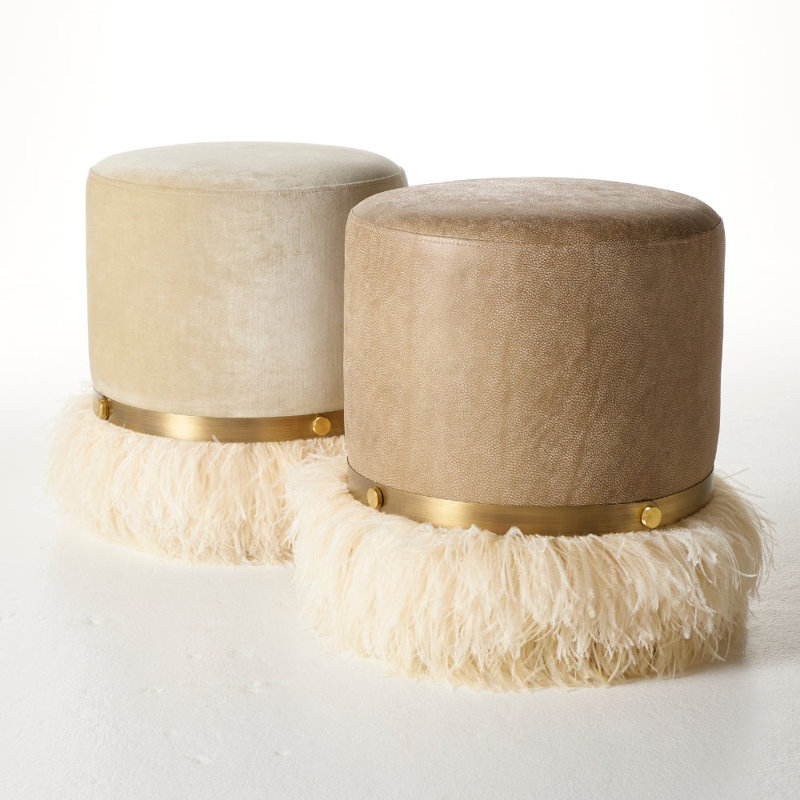 Leather Ostrich Fluff Pouf, Taupe/Cream