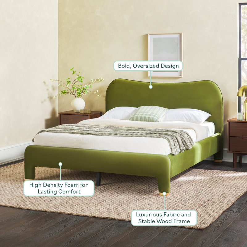 Sitarski Modern Curved Upholstered Bed, Green, Queen
