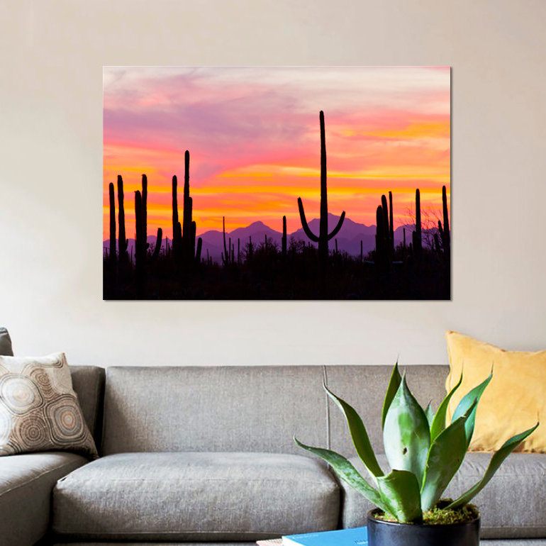 «Saguaro Cacti At Sunset I», impression sur toile, H 26 po x l 40 po x P 1,5 po, Toile tendue, Pas de tapis