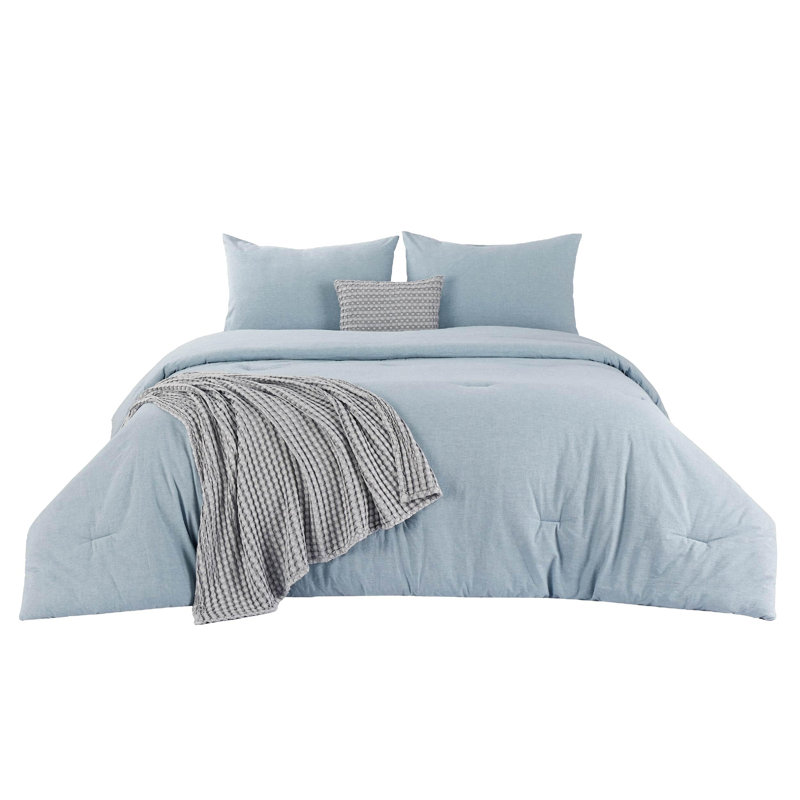 Cozy Winter Collection Bedsure 5 Pieces Cotton Comforter Set with Cotton Waffle Throw Blanket, Blue