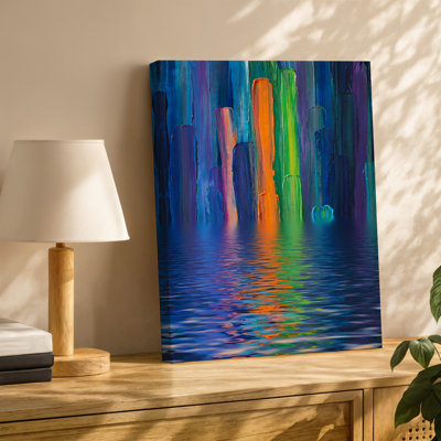 Canvas Create An Expressionist Artwork Featuring A Vibrant Abstract Cityscape Reflected Wall Art In A Shimmering Body Of Water The Canvas Wall Art