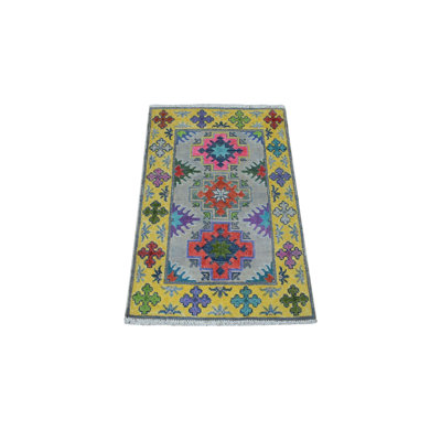 Tapis jaune en laine noué à la main de conception unique 1 pi 10 po x 2 pi 9 po Harpenden
