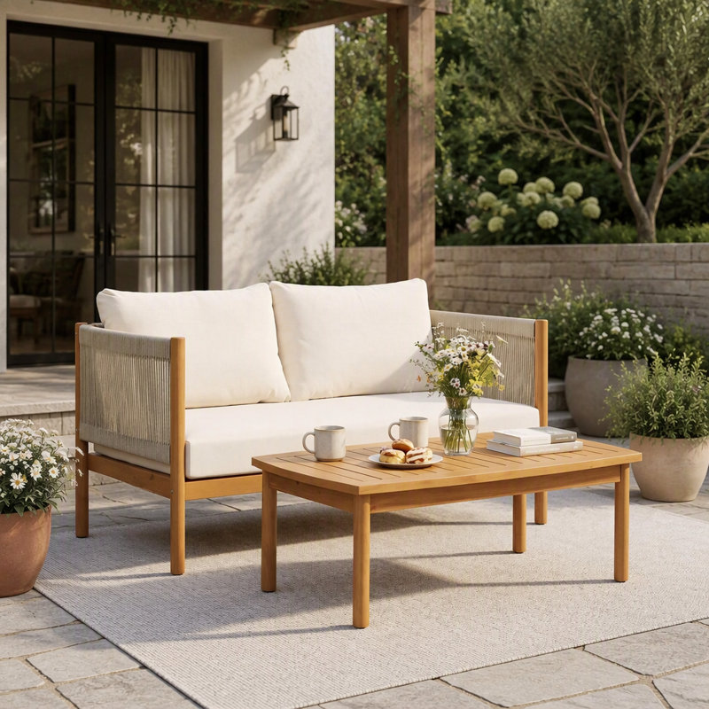 Ensemble canapé deux places et table basse d'extérieur en bois d'acacia durable, avec panneaux en corde tressée et coussins hydrofuges.