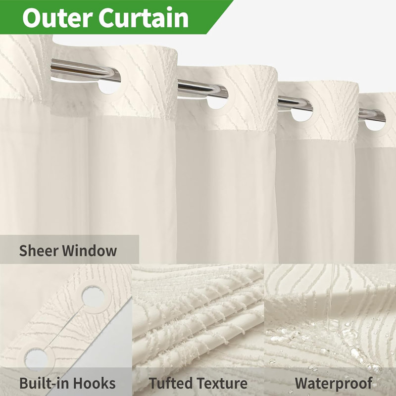 Ensemble de rideau de douche Stall no Hook, Blanc, crème, H 77 po x l 71 po