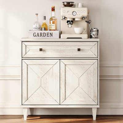 Mid-Century Modern Buffet Cabinet With Drawer, Handcrafted Patchwork Wood Sideboard,Accent Credenza With Solid Wood Tapered Legs & Pop-Up Door Design, Storage Cabinet For Dining Room, Kitchen, Living Room,Distressed White