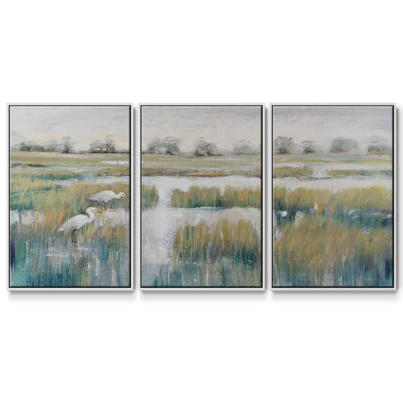 Marshland View V, ensemble de 3 toiles encadrées, Cadre blanc, H 36 po x l 75 po x P 2 po
