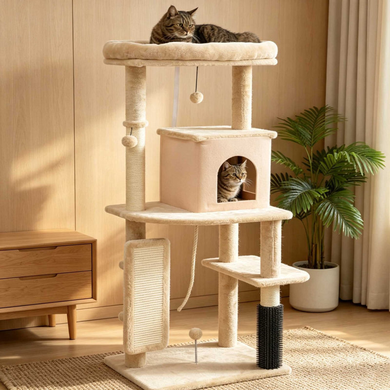 132cm Cat Tree Activity Centre with Scratching Posts, Pad, Cat Bed, Cat House, Platforms, Grooming Brush & Anti鈥慣ip Kit, Beige