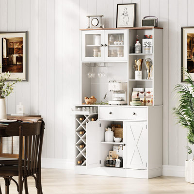 71" H Coffee & Wine Bar Cabinet with 11-Bottle Rack, Drawers, Shelves, Built-In Charging Station