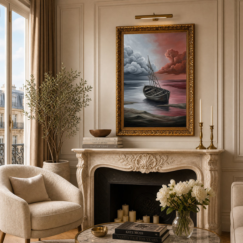 Toile en bois sur l'eau sous des nuages rouges et gris, art mural sur toile, H 24 po x l 16 po