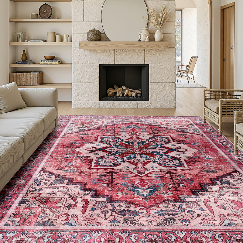 Traditional Machine Washable Area Rug with Non-Slip Backing,Red , Rectangle 9' x 12'