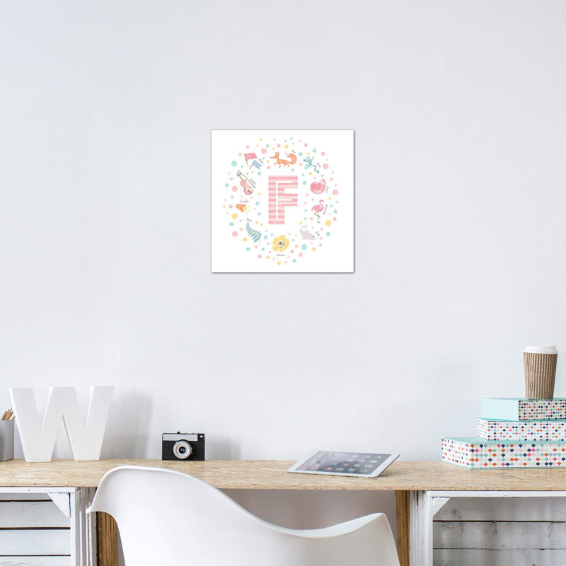 Impression rose lettre illustrée, Toile tendue, Pas de tapis, H 12 po x l 12 po x P 0,75 po
