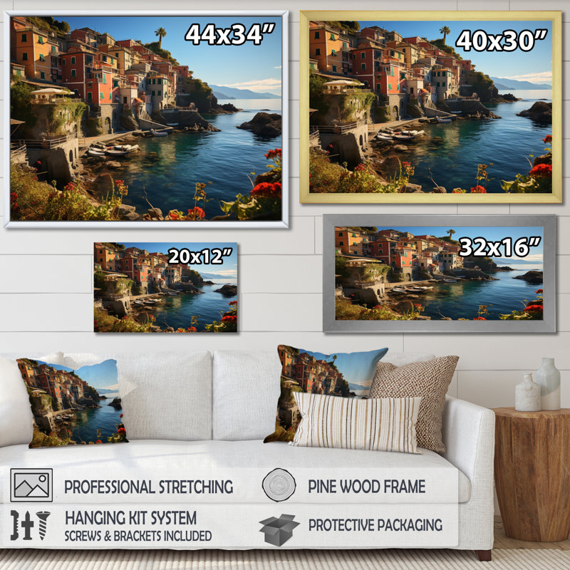 «Teal Italy Cinque Terre I», reproduction sur toile, 34" H x 44" W, Cadre flottant noir