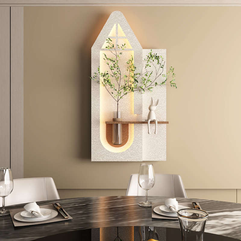 Décoration murale avec art 3D, DEL réglables, plantes simulées, vase en verre, statue de lapin, conception de bricolage, éclairage télécommandé, pour les salons modernes, couloir et pièce 3 couleurs
