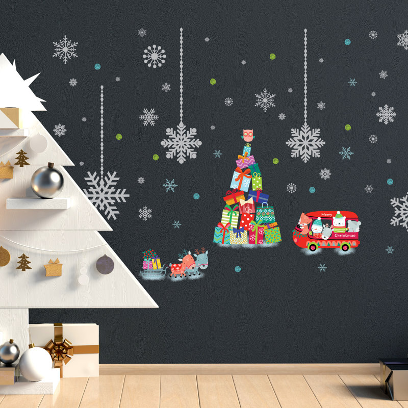 Adhésif décoratif arbre de Noël renne et flocons de neige argentés
