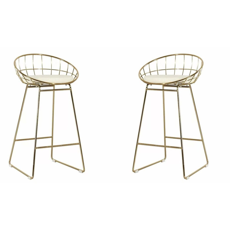 Upholstered Counter Stool with Metal Frame, Gold/White