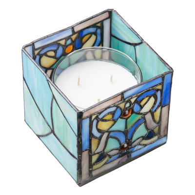 4.75"H Blue Flourishes Stained Glass Candle Holder