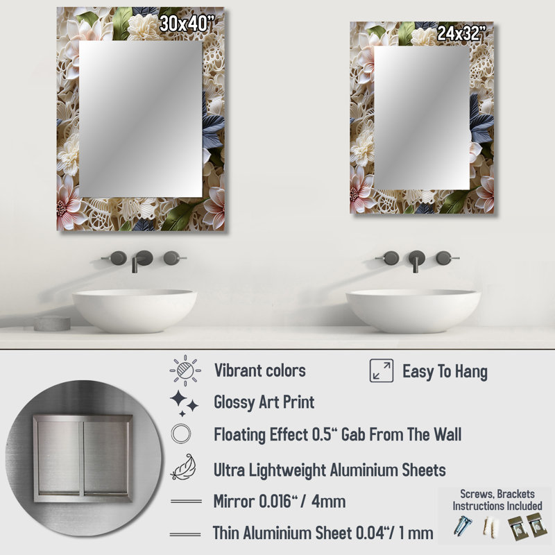 Tadisa White Vintage Floral Lace Veil - Floral Wall Mirror, Floral Decorative Mirror, Printed Metal Art, 32" x 24"