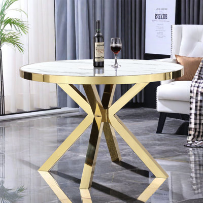 Delena Round Faux Marble Top with Stainless Steel Base Dining Table