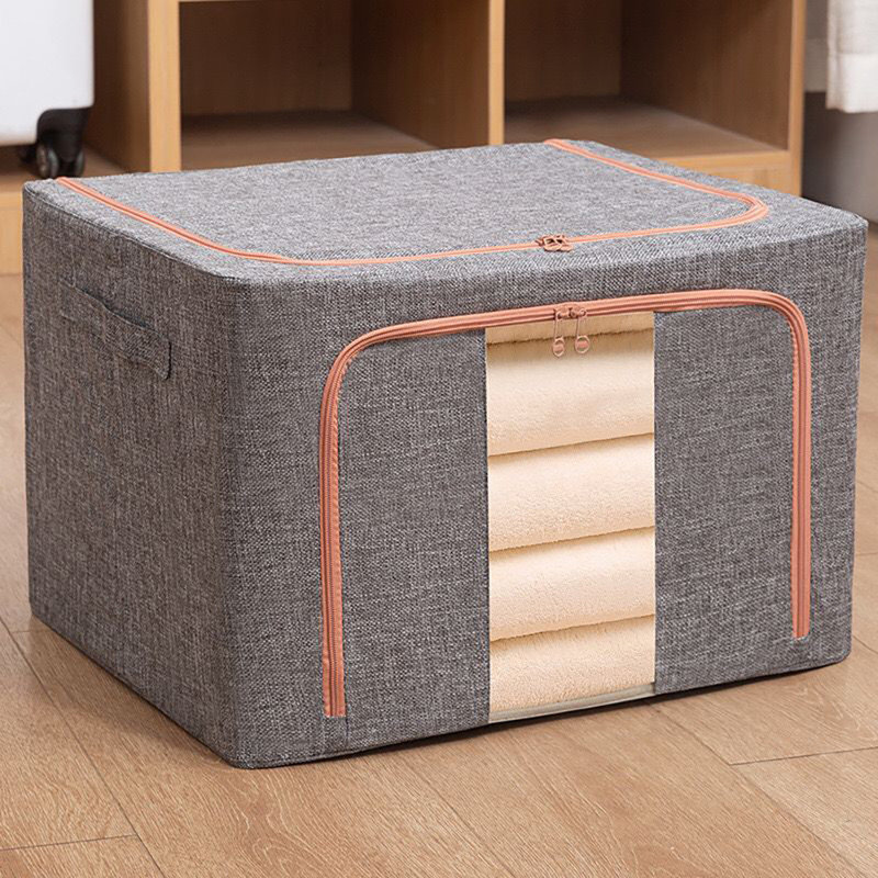Boîte de rangement à cadre en acier, boîte de rangement en tissu pour boîte de rangement pour courtepointe, très grand sac de rangement en tissu pour garde-robe pliable avec fenêtre transparente, fermetures à glissière robustes