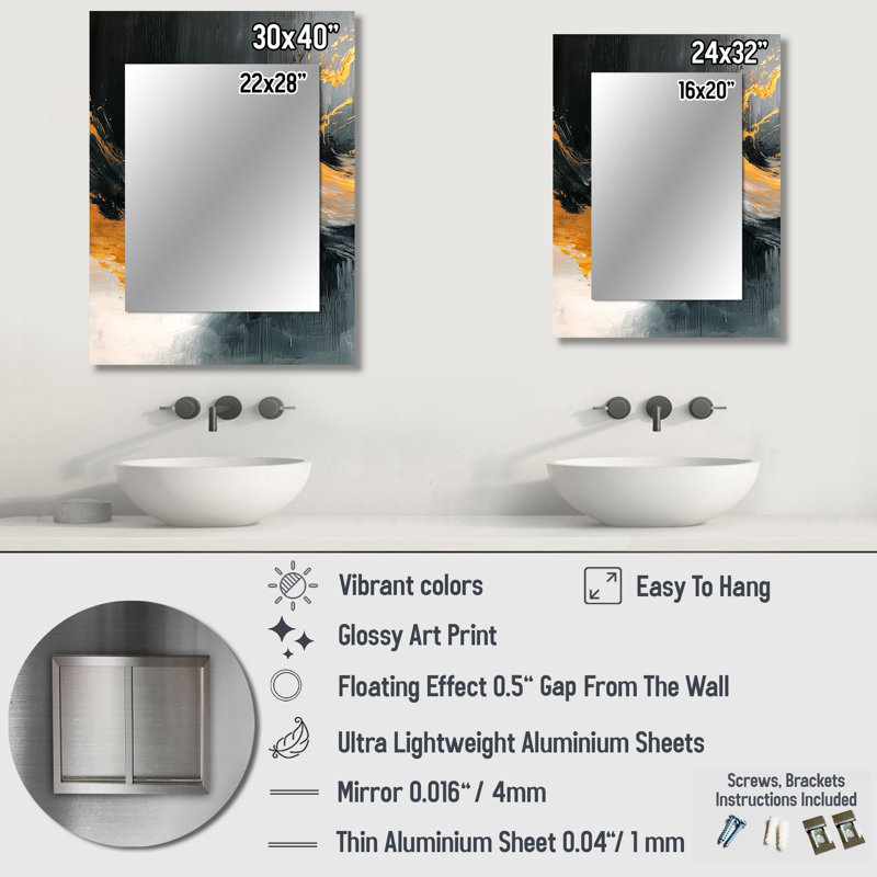 Gold And Black Auroras Edge Shapes I - Abstract Shapes Decorative Wall Mirror, Black Mirror, Printed Metal Art, 32" x 24"