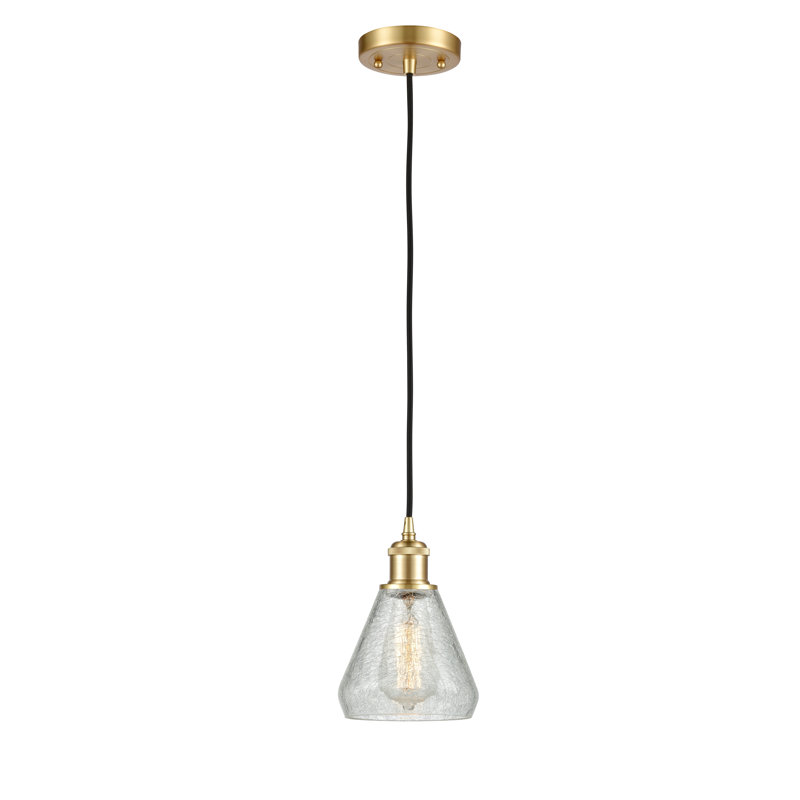 Berlin 1 - Light Single Pendant, Clear Crackle, 6 Watt Vinage LED Bulb, Satin Gold
