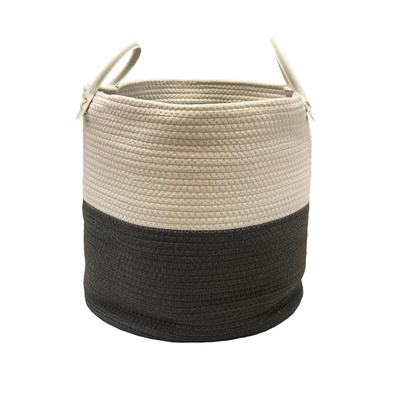Canvas Laundry Basket with Handles, Beige/Dark Grey, Large (H 42 cm x W 38 cm x D 38 cm)