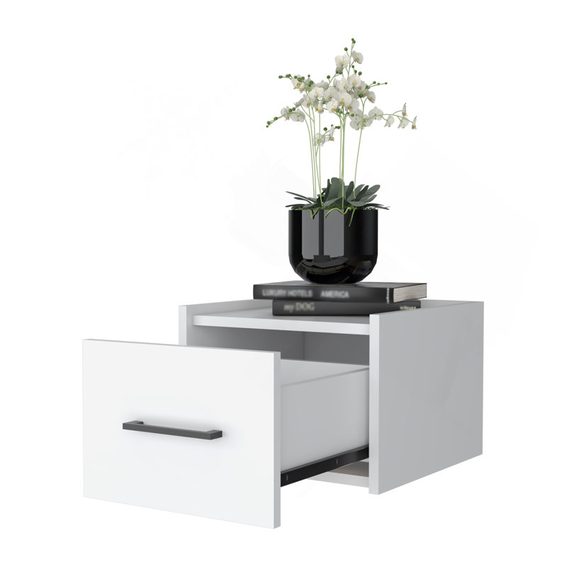 Table de chevet murale Elfrida, conception élégante à un tiroir avec tablette supérieure spacieuse, Blanc