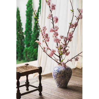 Large 9.1x11 Inch Ming Dynasty Style Round Ceramic Vase, Distressed White Finish With Blue Floral Motifs, Farmhouse Rustic Tabletop Floor Decor For Living Room, Mantel, Entryway