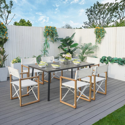 Ensemble repas pour 6 personnes avec chaises pliantes en bois et table rectangulaire en fer