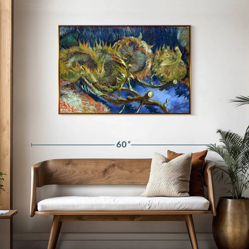 Quatre tournesols passés à la graine, 43 po x 29 po, Cadre flottant doré