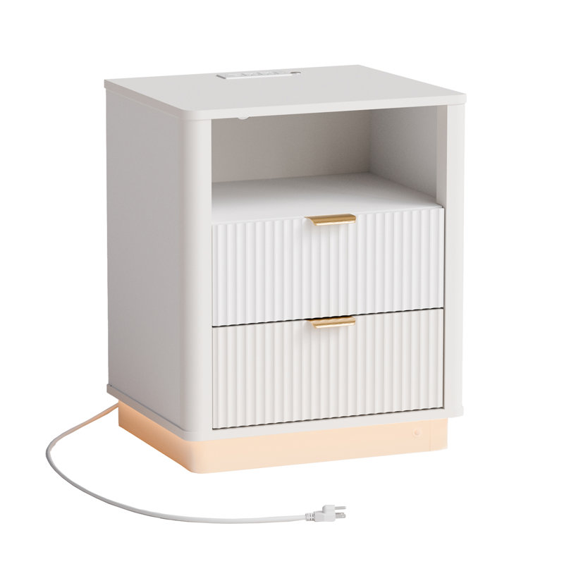  Table de chevet cannelée, table de chevet courbée avec éclairage de station de charge, table d'appoint en bois avec 2 tiroirs, armoire de rangement moderne pour table de bout (1, blanc)