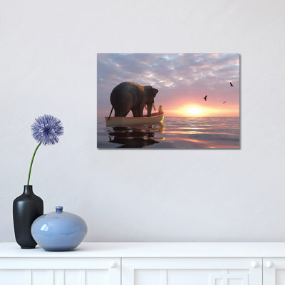 «Elephant and Dog Sail in a Boat at Sea» par Mike Kyiv - reproduction d'art