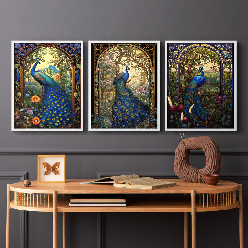 Série Peacock - Ensemble de 3 estampes numériques encadrées - Prêt à être accroché, Cadre blanc, H 14 po x l 11 po