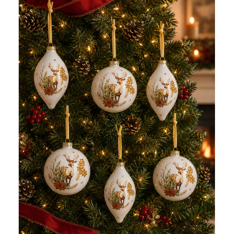 Ornements de Noël en verre représentant des cerfs blancs, ornés de poinsettias et de houx, lot de 6