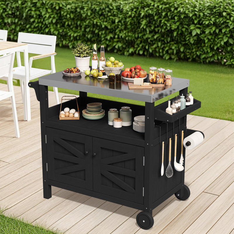 HDPE Bar Cart Portable Outdoor Table Made of Durable Wood-look Resin And Stainless, Black