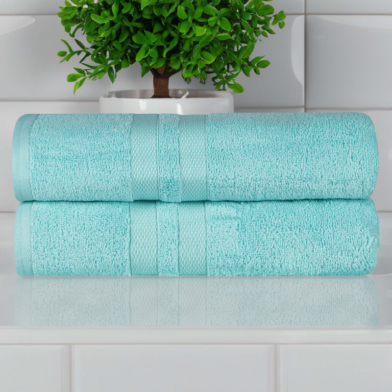 Ultra-Soft Cotton Solid Double Line Dobby Border Medium Weight Quick-Dry Bath Towel, Cyan