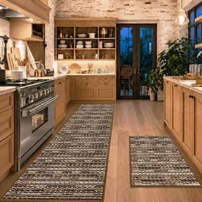 Large Vintage Woven Fiber Kitchen Runner Mat Set, Striped Floor Rugs