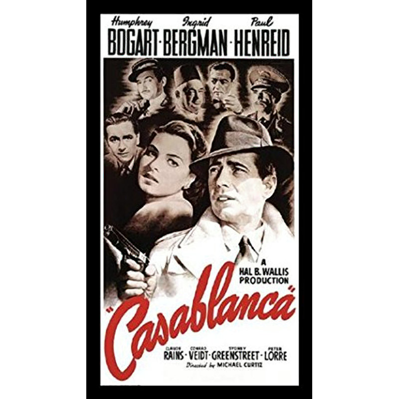 Casablanca Bogart, Henreid-impression de publicités sur papier, Papier encadré noir, H 38,5 po x l 21,5 po x P 1,25 po