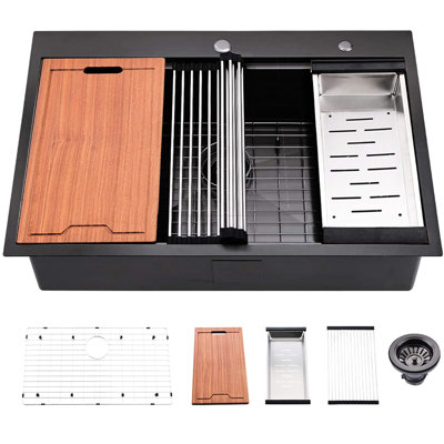 Évier de cuisine en acier inoxydable Sus304 33 po - Bassin avec rebord et accessoires utiles