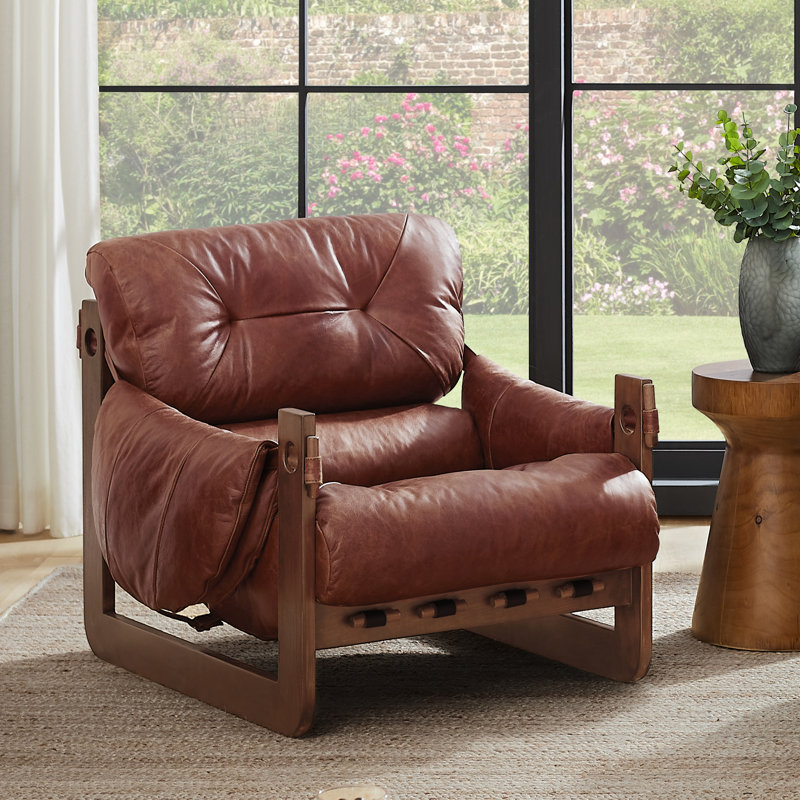 Esmiralda 35.83'' W Tufted Genuine Leather Accent Leisure Lounge Chair, Armchair, Brown