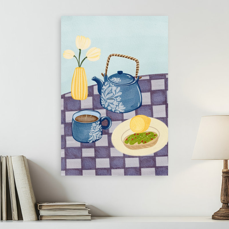 Art mural fleuri bleu, théière bleue