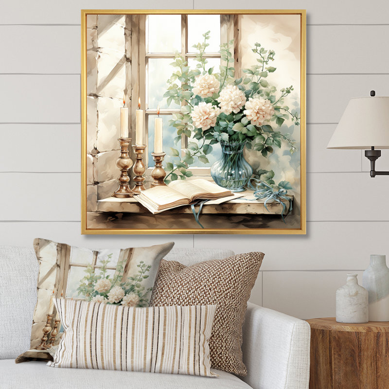 Blanc et vert antique, charme de fenêtre floral - art mural fenêtres de ferme, Cadre doré simple, H 16 po x l 16 po x P 1 po