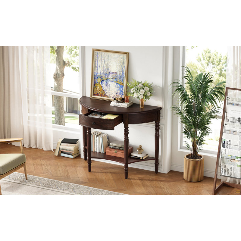 Console en demi-lune avec tiroir et tablette Farmhouse - Table d'appoint rustique, table de canapé pour le vestibule, le salon, le couloir et le vestibule (espresso)