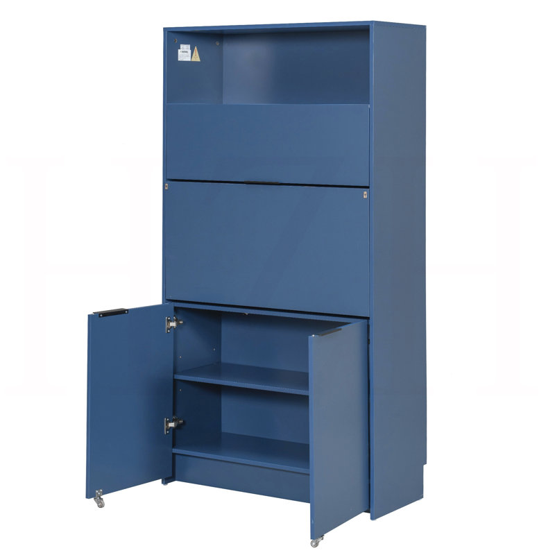 Compact Kitchen Pantry - Buffet haut de 69 po avec huche et poste de travail pliable - Armoire de rangement multifonctionnelle avec tablette réglable et prise de courant pour la salle à manger et le salon, bleu foncé