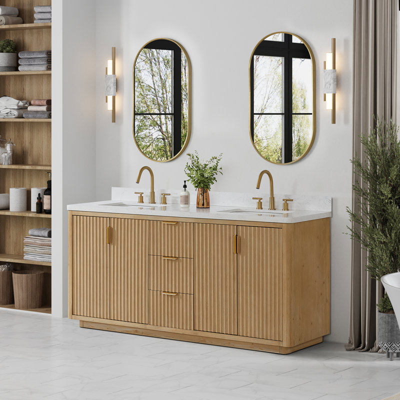 Ensemble de meuble-lavabo double 72 "avec miroir, Blanc, Doré, Brun