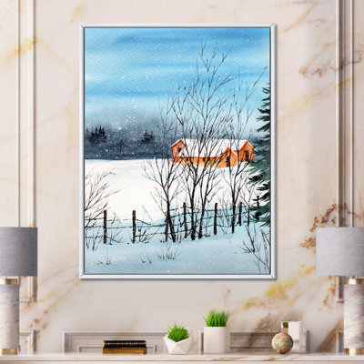Un paysage d'hiver avec des maisons enneigées - reproduction sur toile