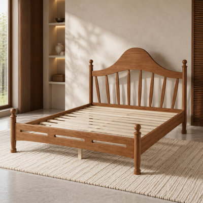 Queen Solid Wood Platform Bed with Chic Headboard, Slatted Support, No Box Spring Needed, Antique Brown Finish