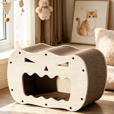 Grattoir d'Halloween en forme de citrouille d'Halloween - Condo pour chat en carton ondulé avec un visage amusant de Jack-o'-Lantern