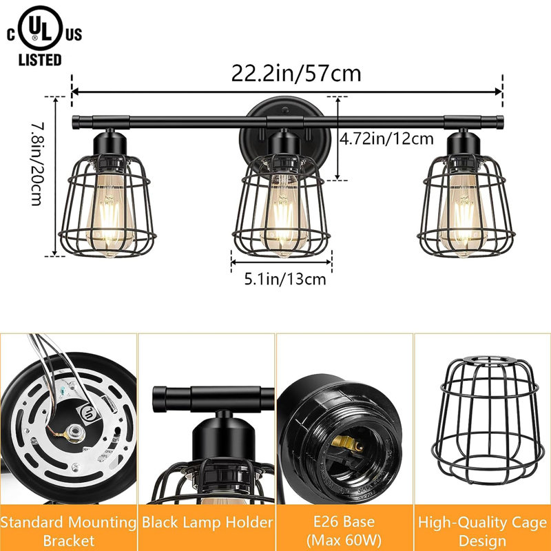 Matte Black 3-Light Industrial Cage Vanity Light