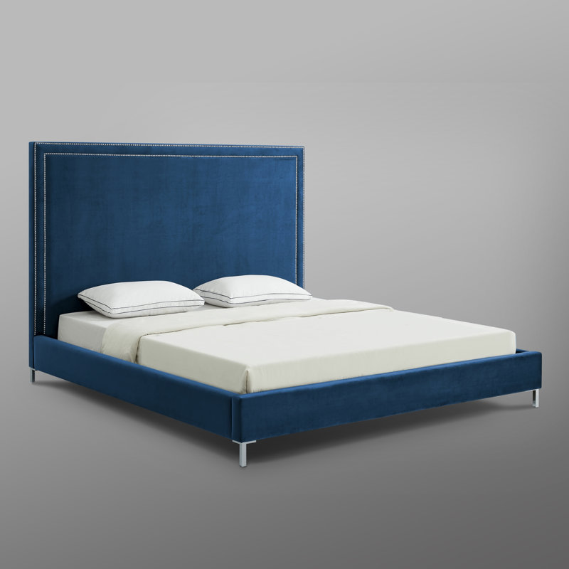 Lit plateforme tapissier Crampton, Très grand lit, Marine, Velours